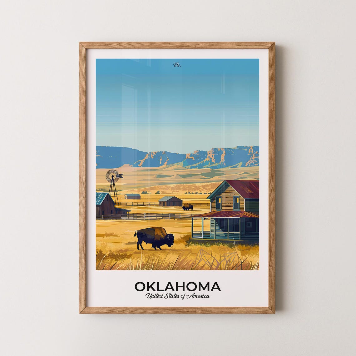 Oklahoma Prairie Ranch Buffalo Bison Windmill Golden Hour Poster