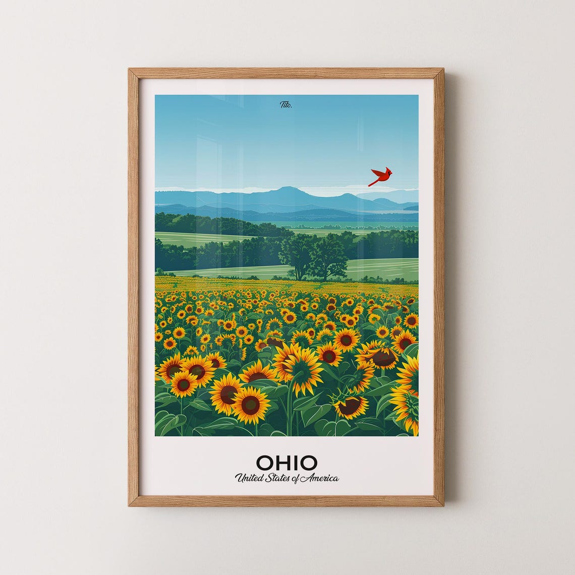 Ohio Sunflower Meadow Red Cardinal Summer Field Scene Poster