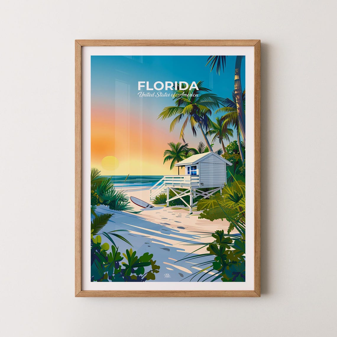 Florida Beach Lifeguard Tower Palm Sunset Vintage Travel Poster