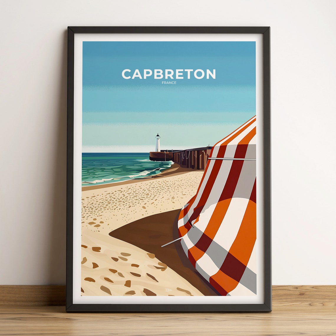 Capbreton France Sandy Beach Striped Cabana Lighthouse Coast Poster