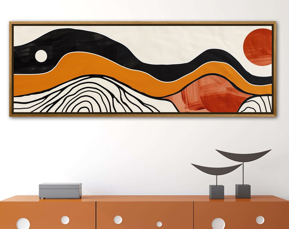 Vivid Rhythms Abstract Waves In Earth Tones Wall Art Panoramic Geometric Art For Mid Century Inspired Spaces
