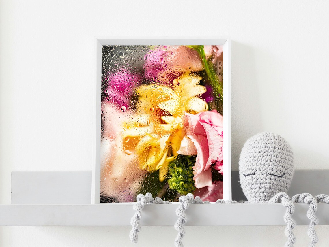 Abstract Floral Art, Vibrant Flowers Behind Rainy Glass - Image 4