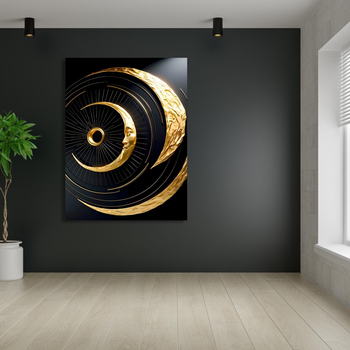 Gold Moon Face Art, Celestial Wall Decor - Image 3