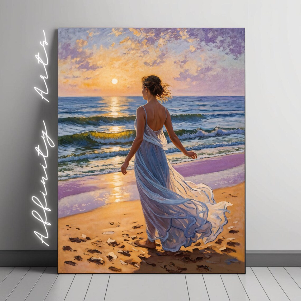 Sunset Beach Woman Walking On Shoreline, Poster Print