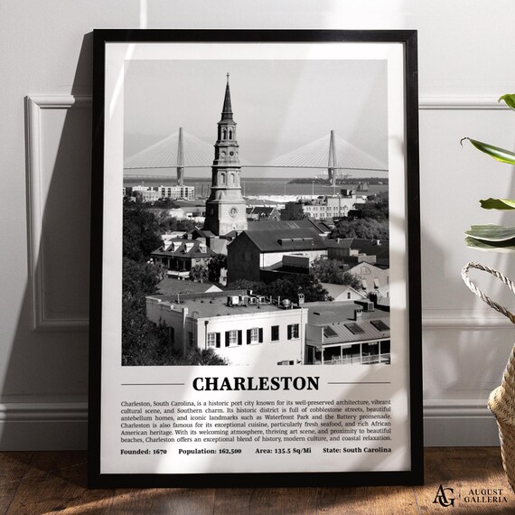 Charleston Black And White Skyline Travel Poster South Carolina