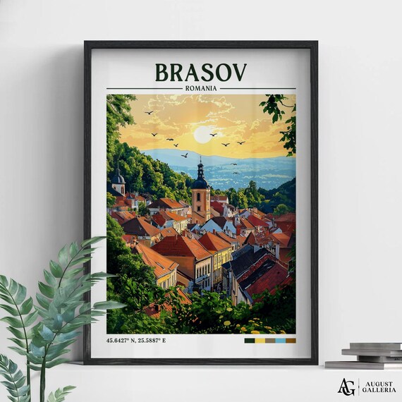 Brasov Romania Old Town Sunset Church Retro Travel Poster Art