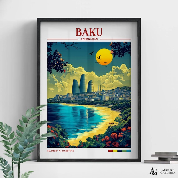 Baku Azerbaijan Sunset Travel Poster Flame Towers Caspian Sea View