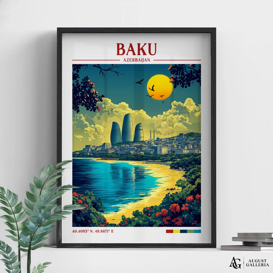 Baku Azerbaijan Sunset Travel Poster Flame Towers Caspian Sea View