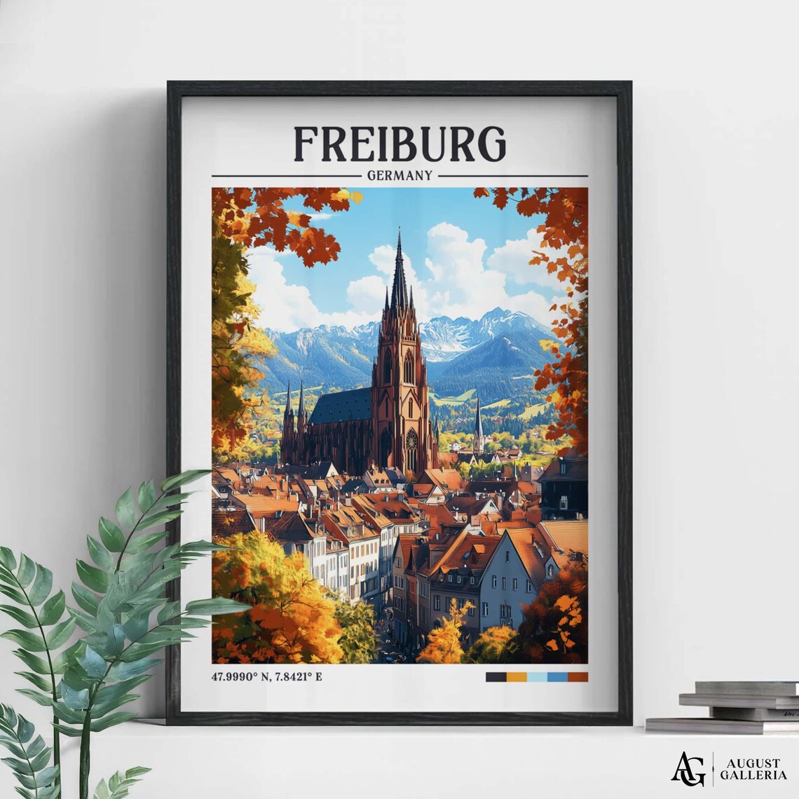 Freiburg Germany Minster Cathedral Old Town Autumn Mountains Travel Poster