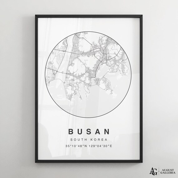 Busan South Korea Minimalist Black and White Circular City Map Print