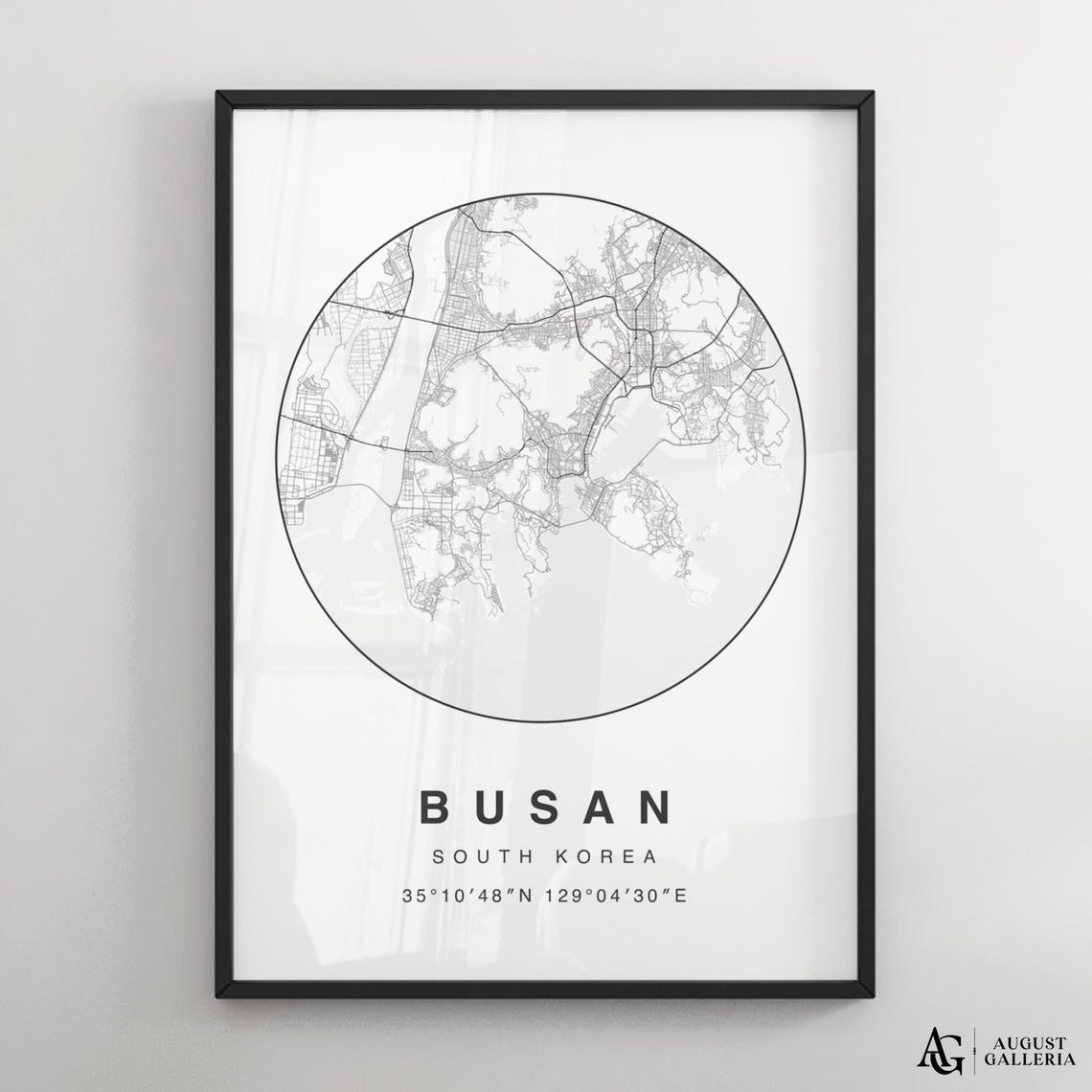 Busan South Korea Minimalist Black and White Circular City Map Print