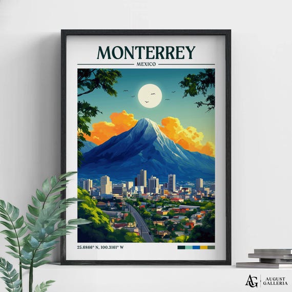 Monterrey Mexico Retro Travel Print Wall Art Framed Canvas Poster Illustration Wanderlust