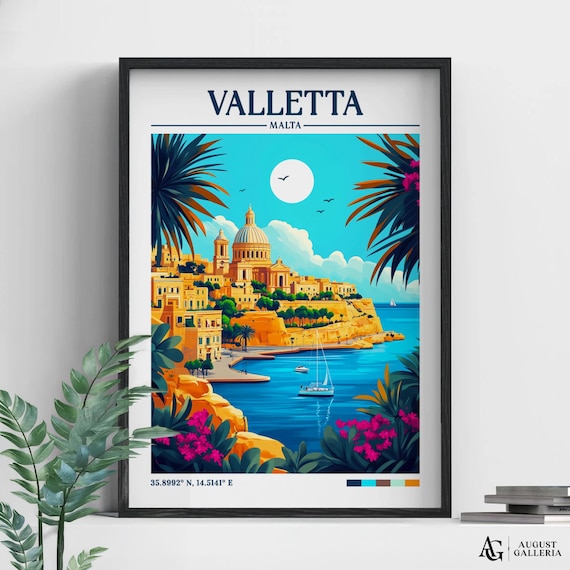 Valletta Malta Grand Harbour Sunset Retro Travel Destination Poster