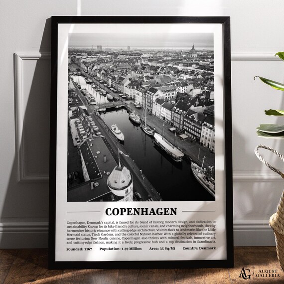 Copenhagen Nyhavn Harbor Aerial Black And White City Photo Poster