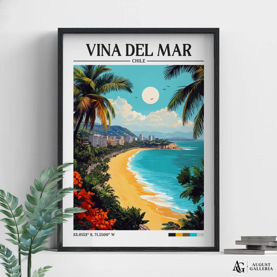 Via Del Mar Retro Travel Print Wall Art Chile Framed Canvas Poster Illustration Wanderlust