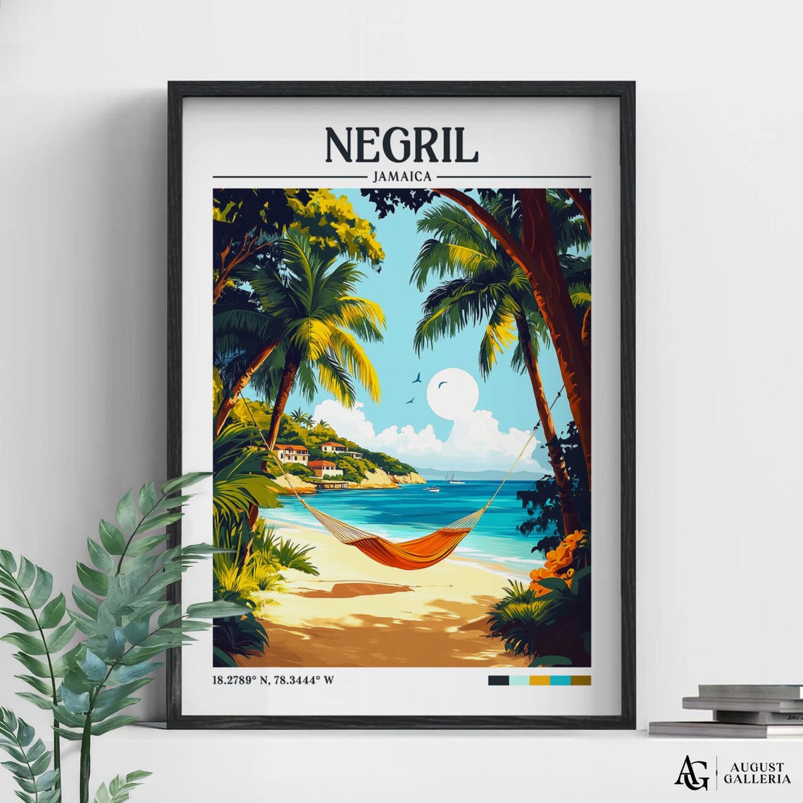 Negril Jamaica Retro Travel Print Wall Art Framed Canvas Poster Illustration Wanderlust