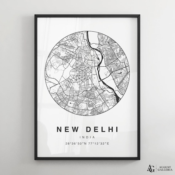 New Delhi India Black And White Circular City Street Map Poster