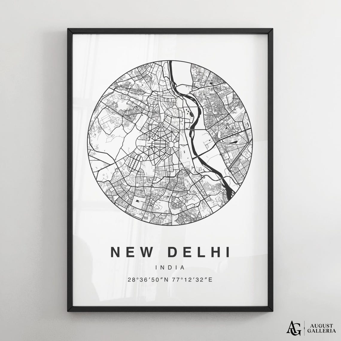 New Delhi India Black And White Circular City Street Map Poster