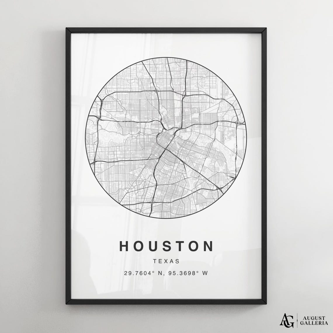 Houston Texas Black White Minimalist City Map Coordinates Print