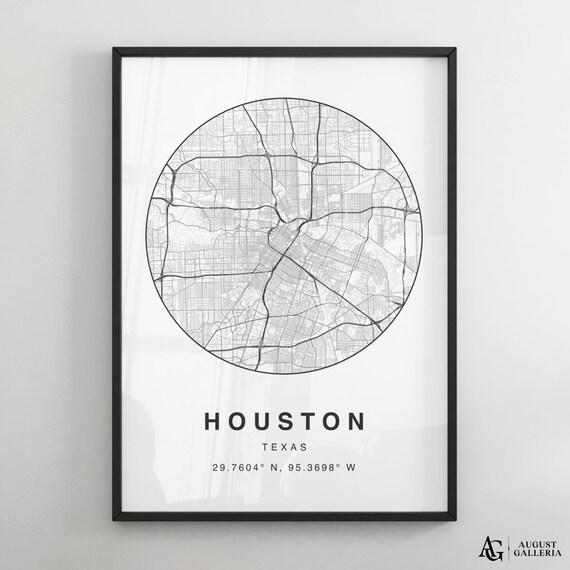 Houston Texas Black White Minimalist City Map Coordinates Print