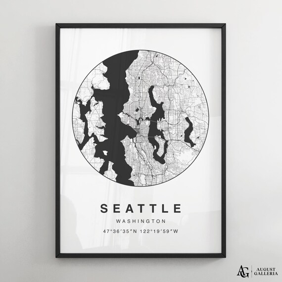 Seattle Washington Circular Minimalist Black White Map Poster