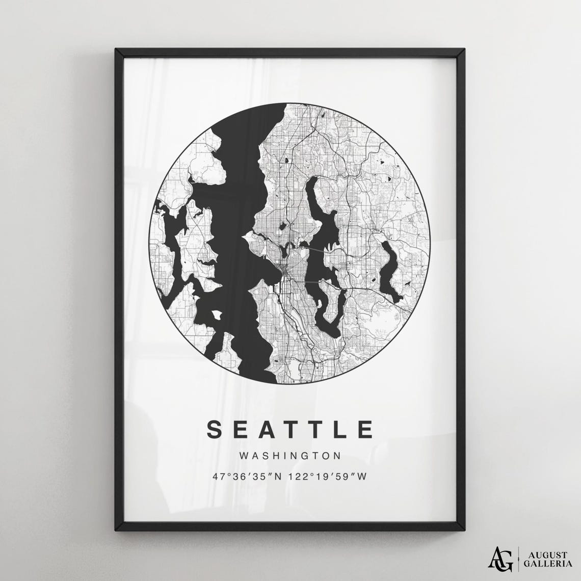 Seattle Washington Circular Minimalist Black White Map Poster