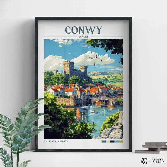 Conwy Wales Retro Travel Print Wanderlust Posters Illustration Wall Art Framed Prints Canvas Poster