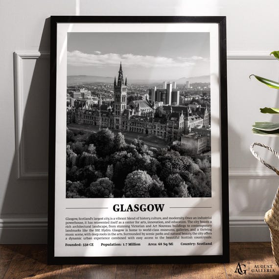 Glasgow Black White City Print, Modern Travel Poster