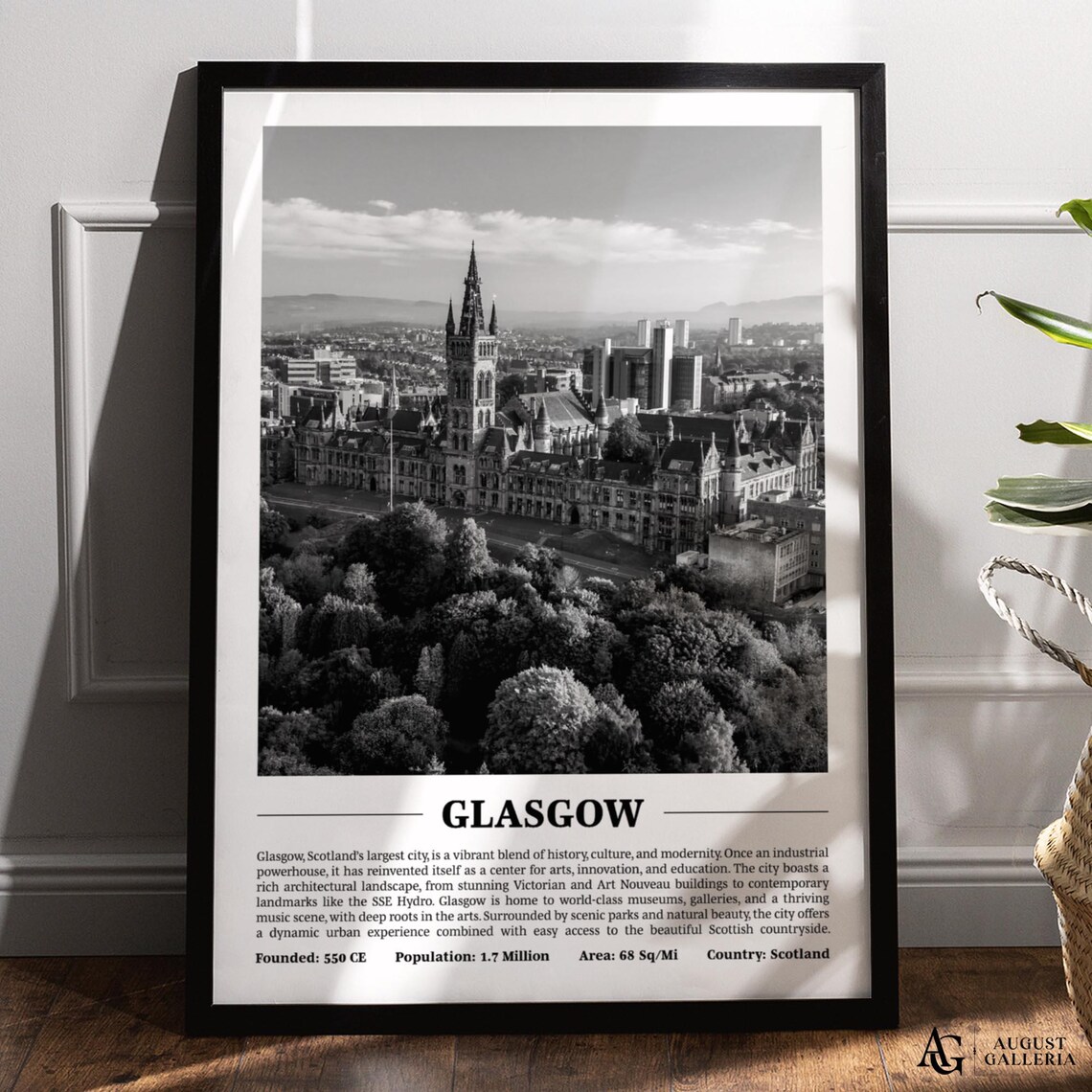 Glasgow Black White City Print, Modern Travel Poster