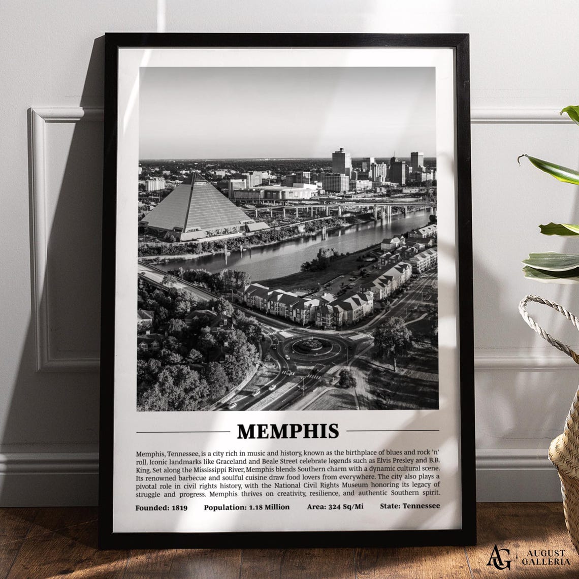 Memphis Black and White Mississippi River Skyline Travel Poster