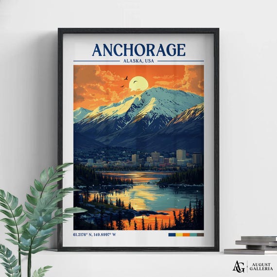 Anchorage Alaska Retro Travel Print Wanderlust Posters Wall Art Framed Prints Canvas Poster