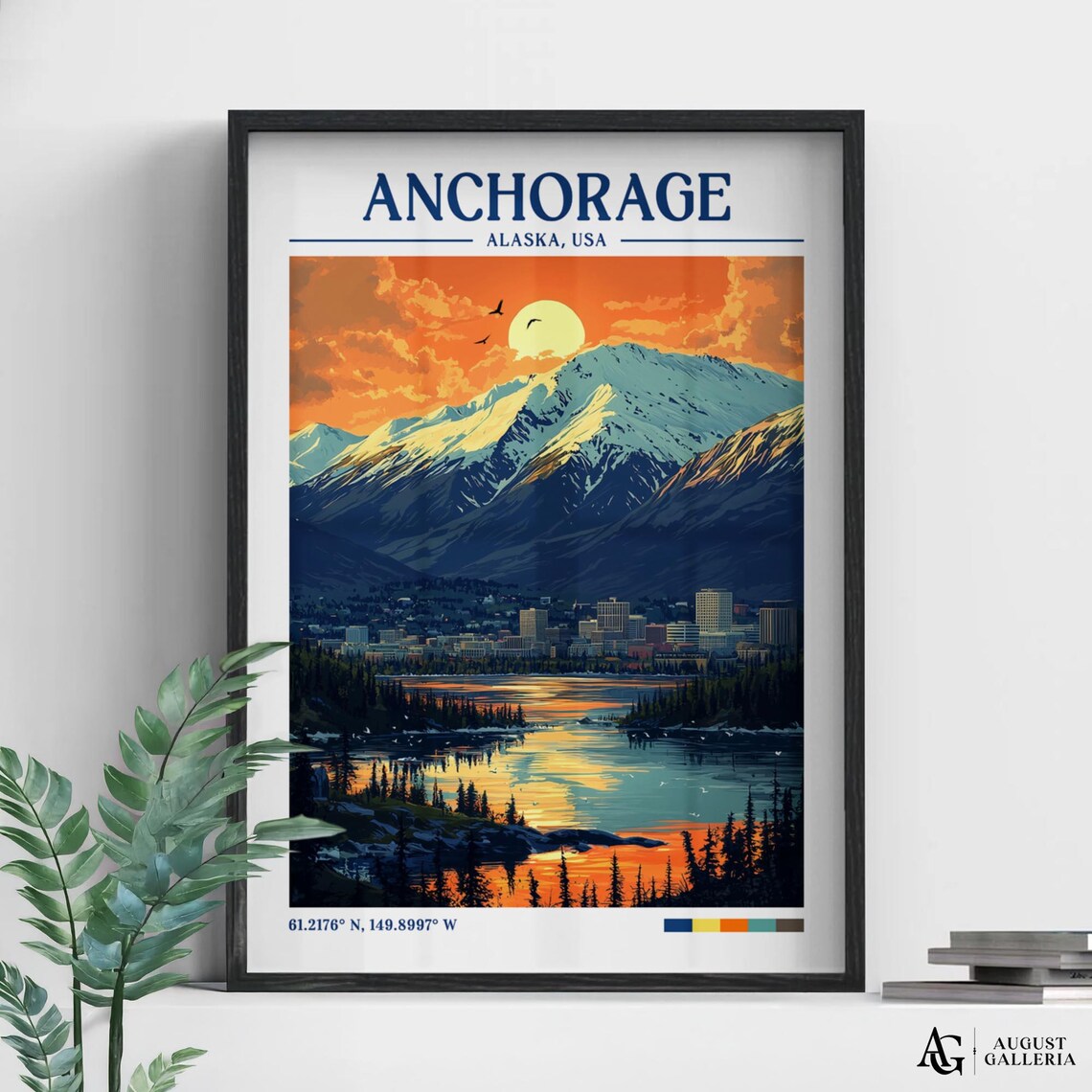 Anchorage Alaska Snowy Peaks and Mirror Lake at Sunset Travel Poster