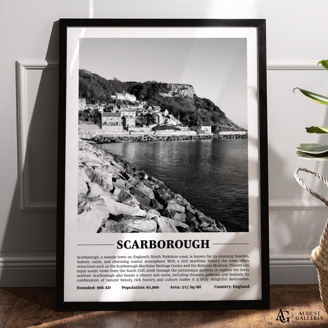Scarborough England Black White Seaside Town Coastal Cliff Harbor Poster