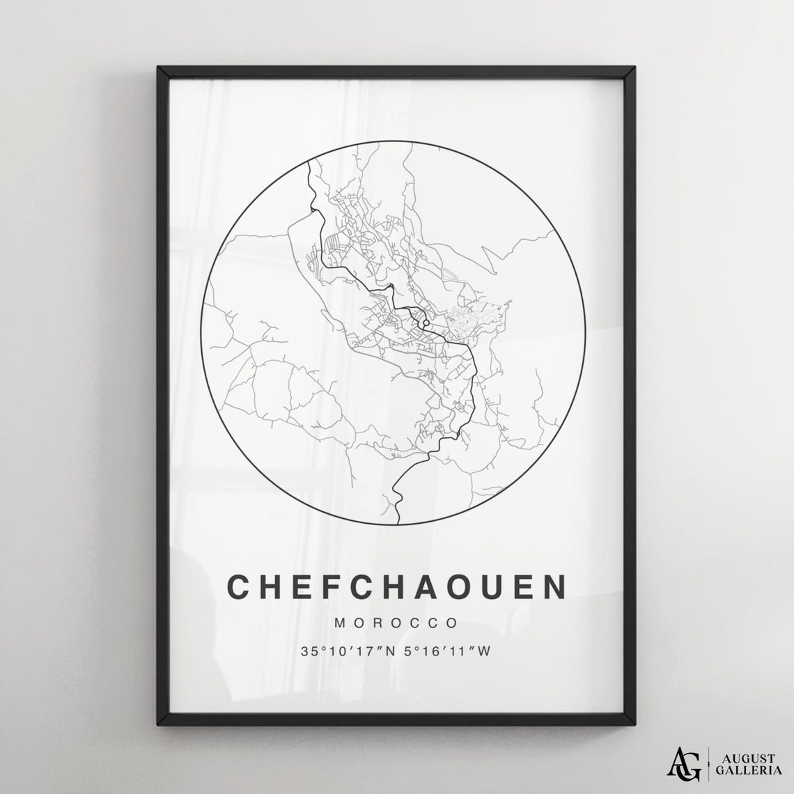 Chefchaouen Morocco Black White Circular City Street Map Poster