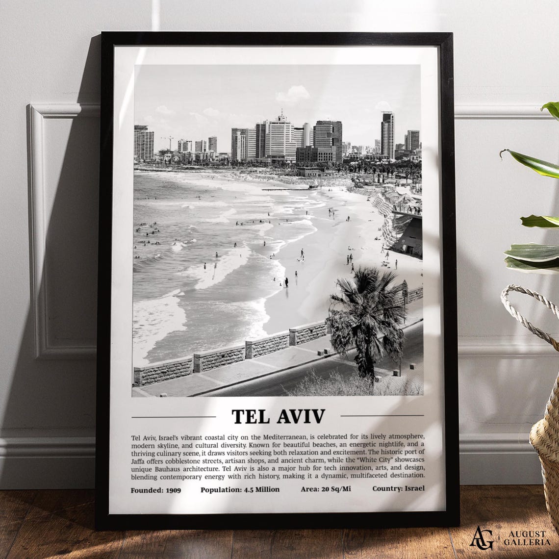 Tel Aviv Mediterranean Beach Black and White Israel Coastal Poster