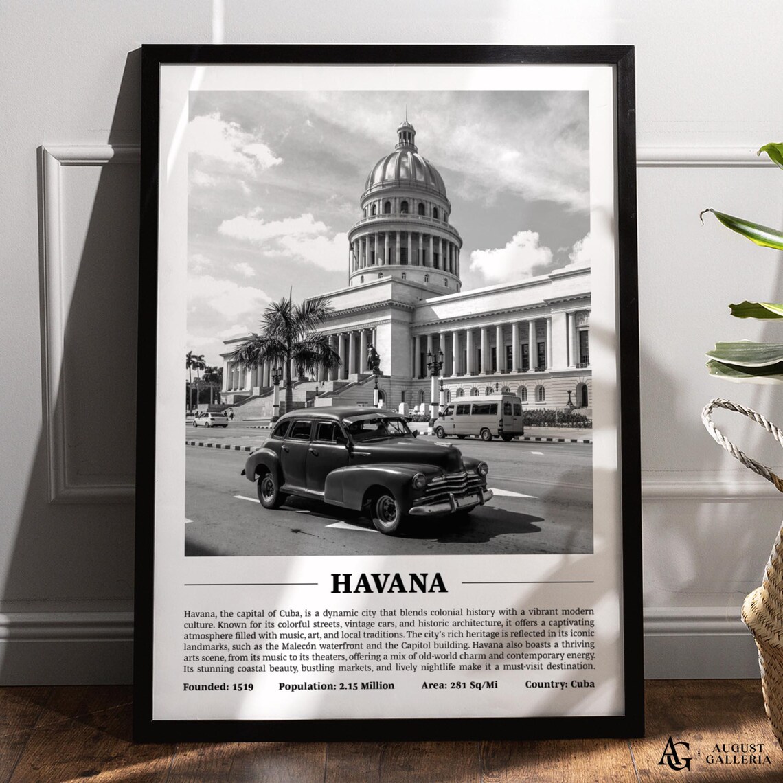 Havana Cuba Black and White Capitol Vintage Car City Photo Poster