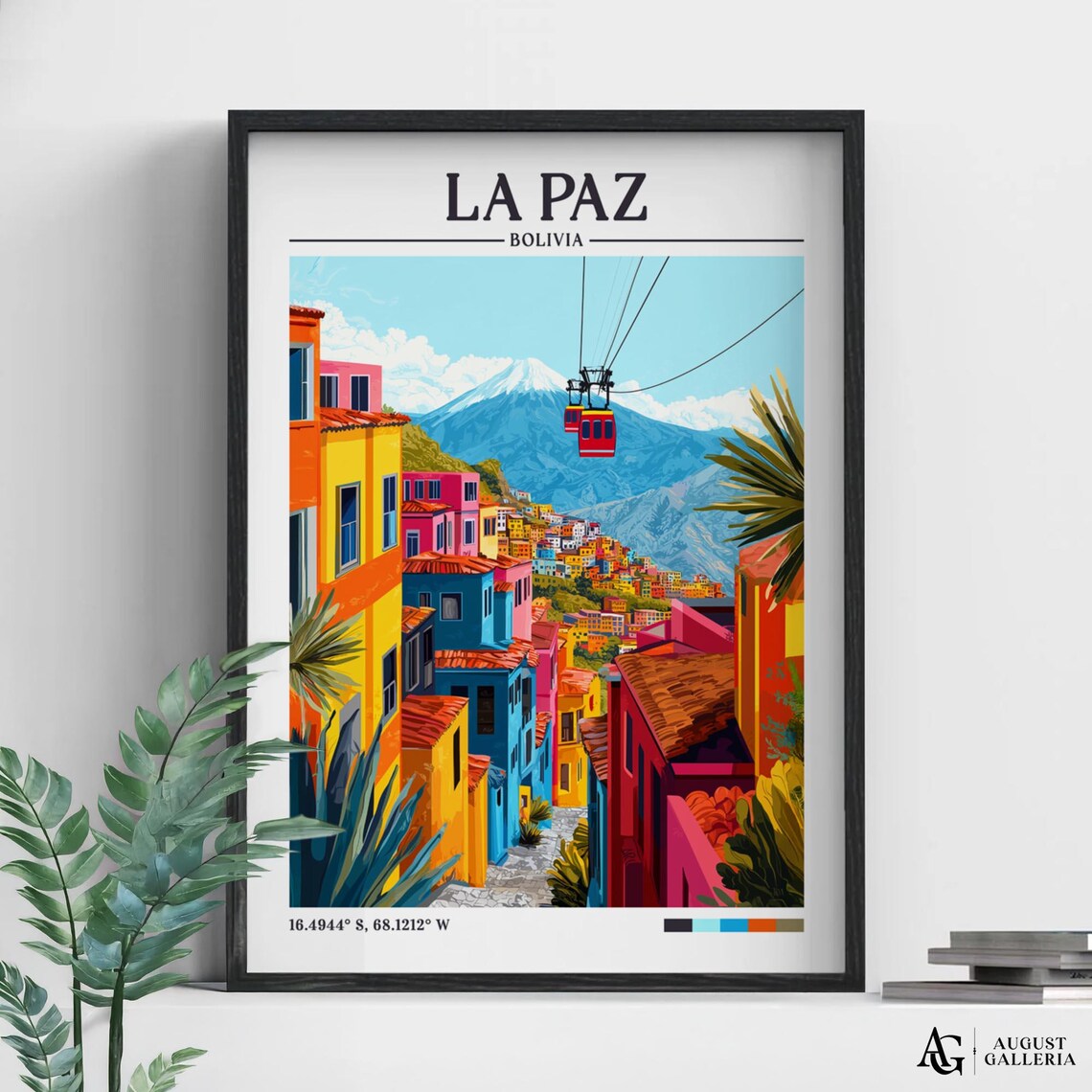 Colorful La Paz Bolivia Retro Travel Poster with Cable Cars View