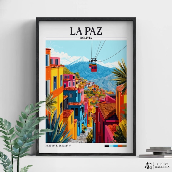 Colorful La Paz Bolivia Retro Travel Poster with Cable Cars View