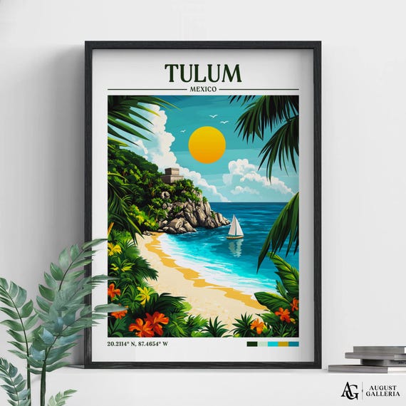 Tulum Mexico Retro Travel Print Wall Art Framed Canvas Poster Illustration Wanderlust