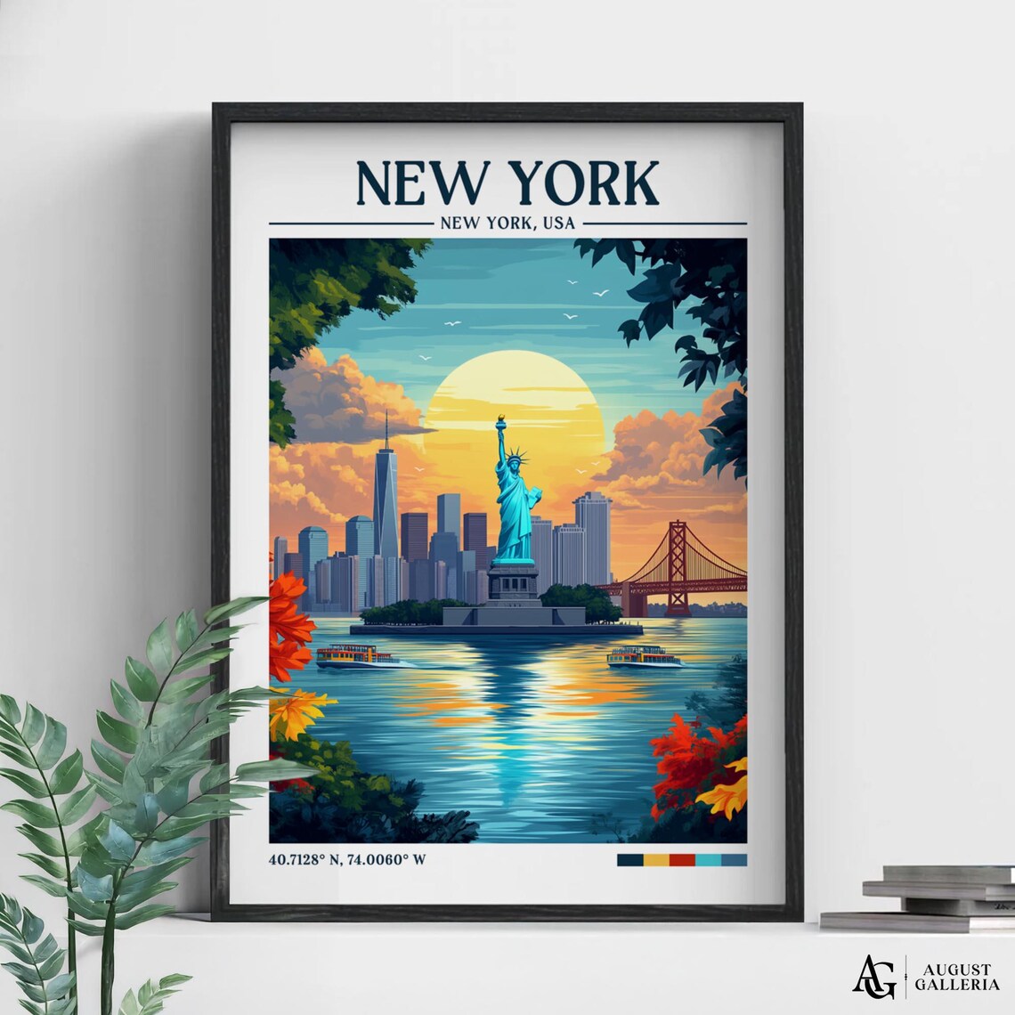New York Statue Of Liberty Manhattan Skyline Sunset Travel Poster