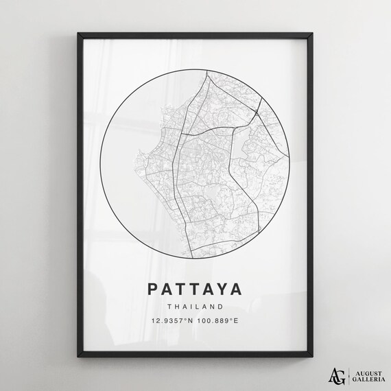 Pattaya Thailand Minimalist City Street Map Black and White Art Poster