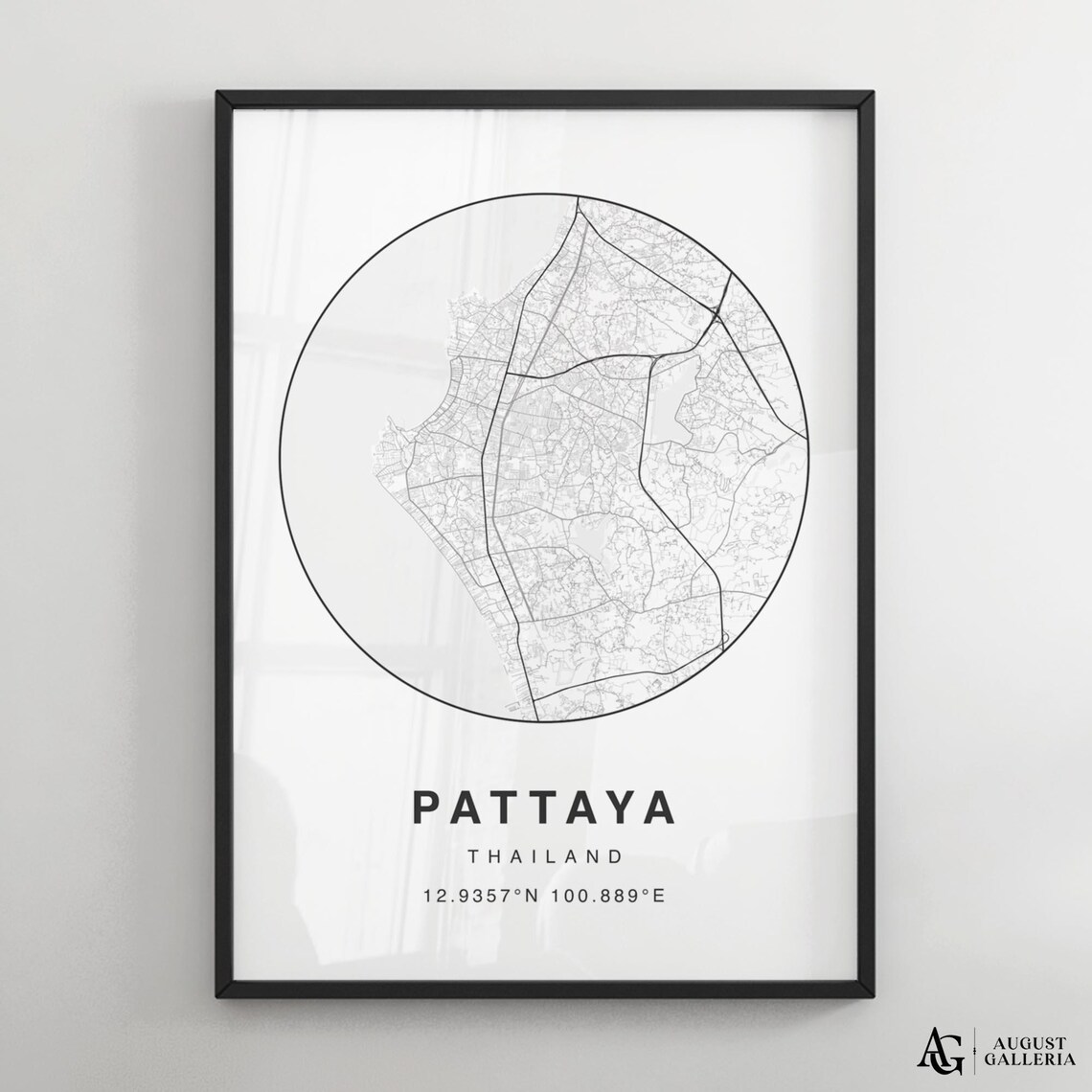 Pattaya Thailand Minimalist City Street Map Black and White Art Poster