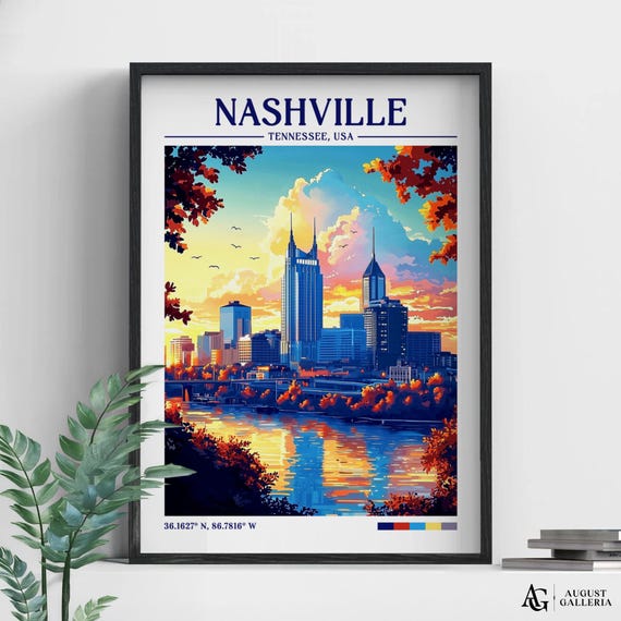 Nashville Tennessee Retro Travel Print Wall Art Framed Canvas Nara Poster Illustration Wanderlust