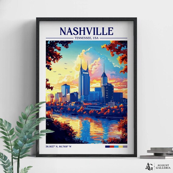 Nashville Tennessee Skyline At Sunset Vintage Travel Style Poster