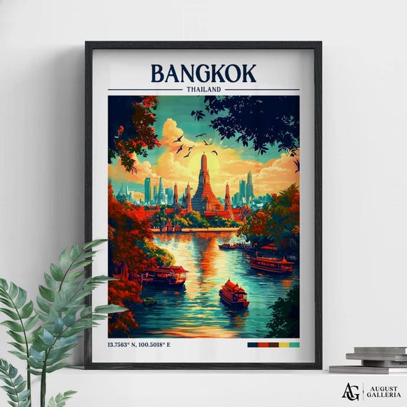 Bangkok Thailand Retro Travel Print Wanderlust Posters Wall Art Framed Prints Canvas Poster