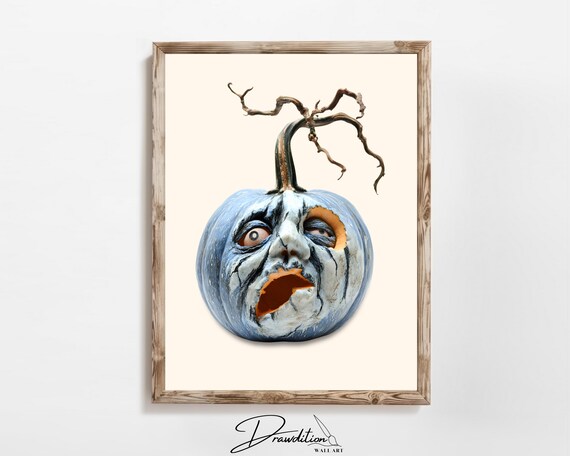 Blue Pumpkin Carved Screaming Spooky Face Halloween Decor Poster