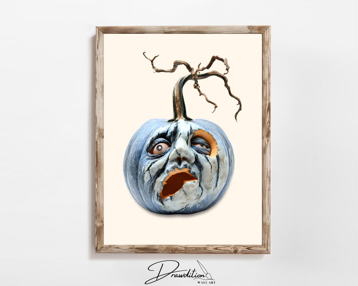 Blue Pumpkin Carved Screaming Spooky Face Halloween Decor Poster