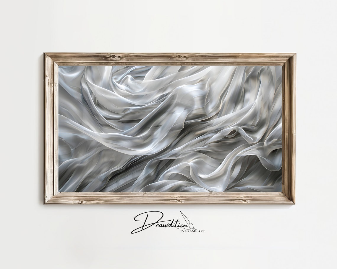 Silver Grey Flowing Silk Waves Abstract Textured Modern Frame Wall Art