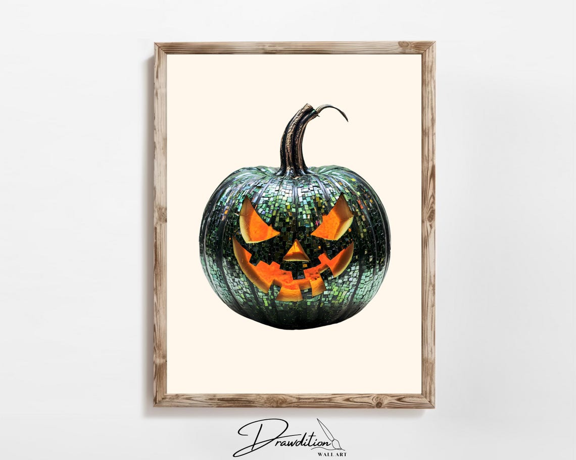 Dark Green Mosaic Jack O Lantern Glowing Face Halloween Poster