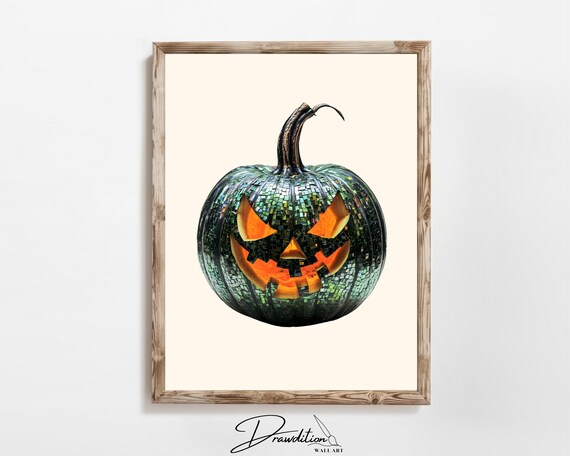 Dark Green Mosaic Jack O Lantern Glowing Face Halloween Poster